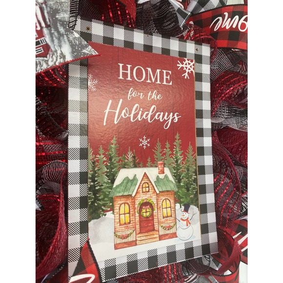 Buffalo Plaid Check Welcome Home for the Holidays Mesh Ribbon Christmas Wreath - Picture 4 of 6